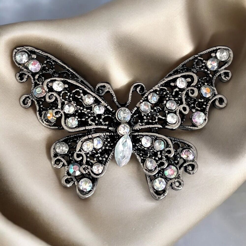 Vintage 1960s Butterfly Brooch Aurora Borealis Rhinestone Silver Tone Pin - 8T